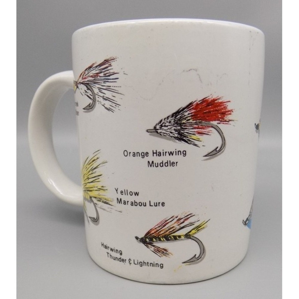 Fly Fishing Lures Coffee Mug Fishing Cup Flies Muddler Hairwing Shiner Vintage